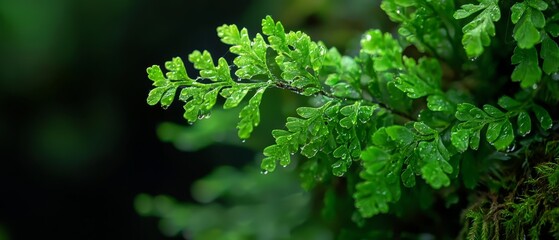 Fototapeta premium A tight shot of a green plant, leaves speckled with water droplets, background softly blurred