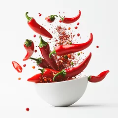 Spicy Chili Pepper Explosion: Red chili peppers burst from a white bowl, creating a vibrant, dynamic composition. The chili flakes add a touch of heat and spice to the image.  