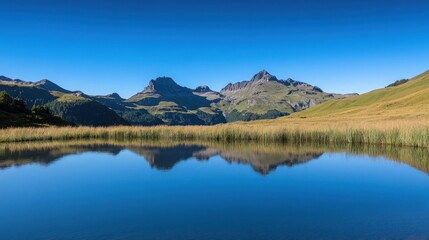 A tranquil mountain lake reflecting the peaks in its still waters under a clear blue sky.