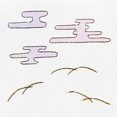  水彩 月見の夜を彩る、和柄装飾の手描きイラストセット