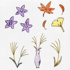  水彩 月見の夜を彩る、お月見手の植物、手描きイラスト
