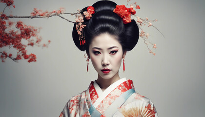  Elegant portrait of a beautiful geisha in a traditional kimono.
