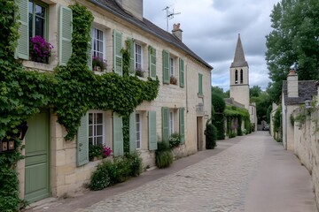 Quaint French village street, untouched by time. Cobblestone paths wind between historic homes with their shuttered windows, Ivy climbing the rustic stone walls. Flowers in window boxes.