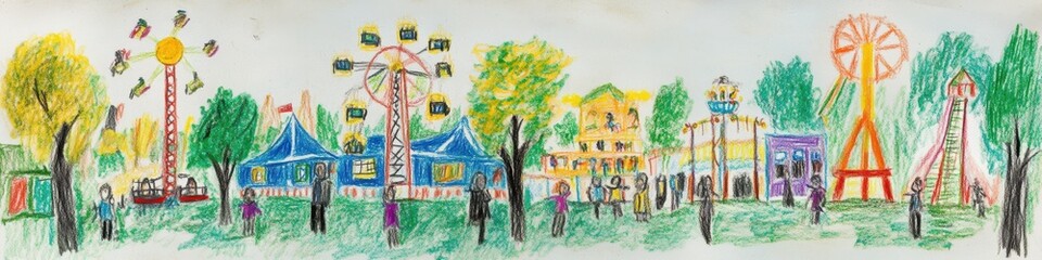 Fototapeta premium Colorful hand-drawn amusement park scene with Ferris wheel and swings.
