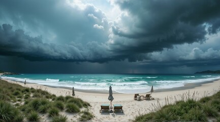 Obraz premium Turbulent ocean waves, beach scene with lounge chairs and blue umbrellas