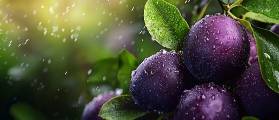  A tight shot of plums on a tree during rainfall, with water droplets on the leaves and a softly blurred backdrop