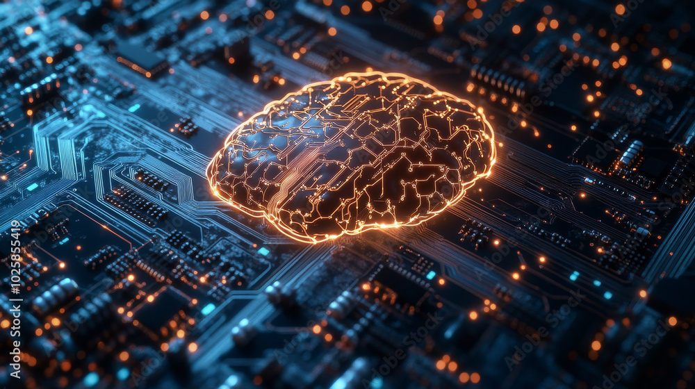 Poster artificial intelligence (ai) uses circuits like a brain, with paths (conductors) and connection poin