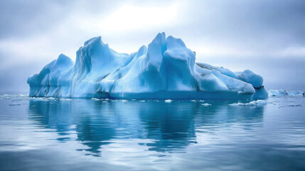 Melting glacier in the Arctic with floating ice chunks, calm water, overcast sky, and soft natural lighting