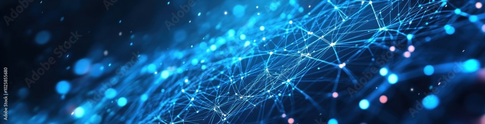 Poster Abstract blue digital network with glowing nodes and lines on a dark background.