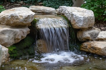 Small garden waterfall with moss-covered rocks and clear flowing water.