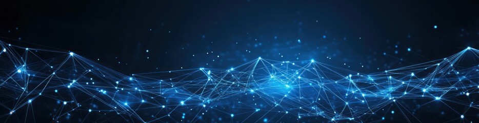 Abstract blue glowing network pattern background with glowing dots.