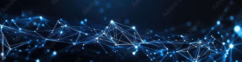 Poster abstract blue digital network background with glowing dots and lines.