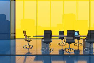 Modern conference room with glass walls and yellow background. 3D Rendering