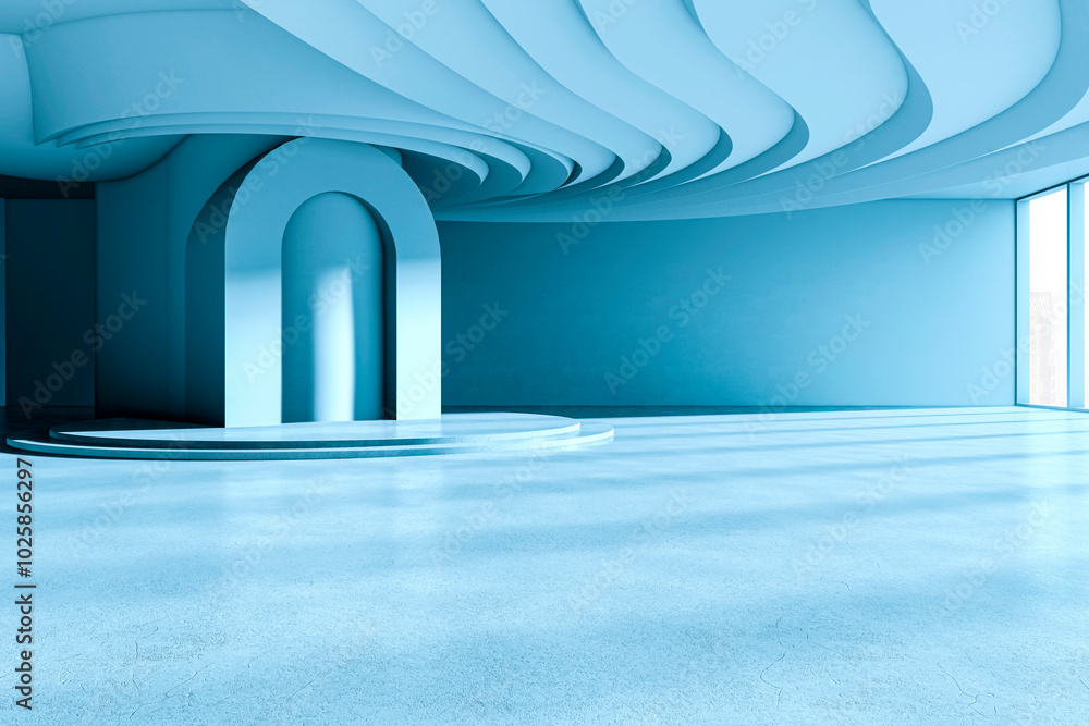 Poster modern abstract interior design with blue tones and wavy ceiling. 3d rendering