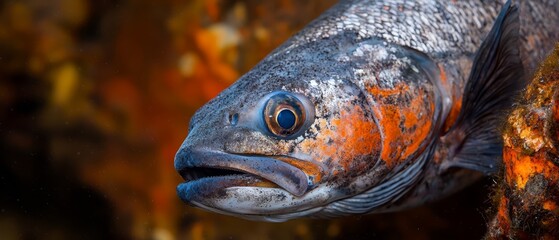 Obraz premium A tight shot of a fish sporting an orange and black painted body against a backdrop of undisturbed water