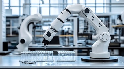 Futuristic Pharmaceutical Laboratory with Robotic Arms Analyzing Chemical Compounds