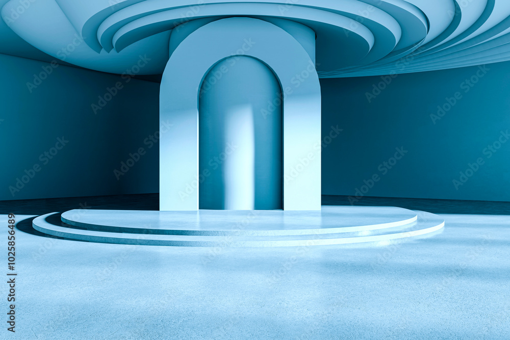 Poster Modern abstract interior design with blue tones and curved architecture. 3D Rendering