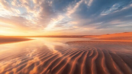 Fototapeta premium A reflective mirage in the desert making the sand appear as liquid, with the horizon line bending and blurring in the distance
