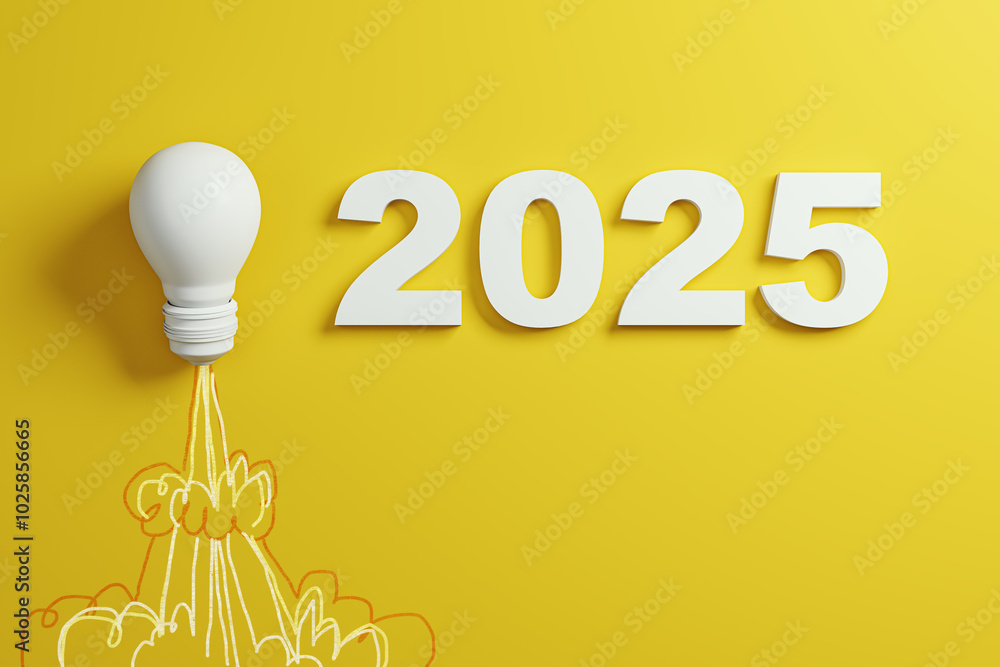 Poster lightbulb and 2025 concept for startup business ideas on yellow background. 3d rendering