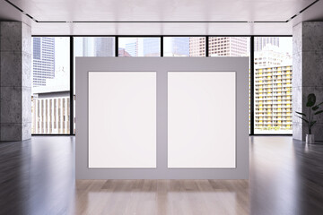 Clean gallery mockup with empty frames in modern interior space. 3D Rendering