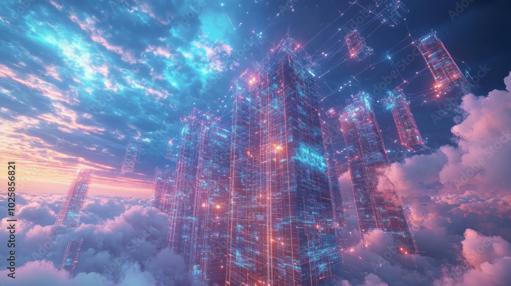 Poster this image shows how data is stored in the cloud, like a giant skyscraper holding information. it hi