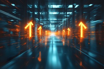 Glowing Holographic Arrows Ascending in Futuristic Office Symbolizing Business Growth and Innovation