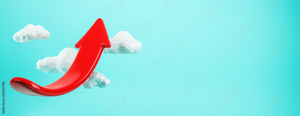 Poster Red upward arrow against a blue background with clouds. 3D Rendering