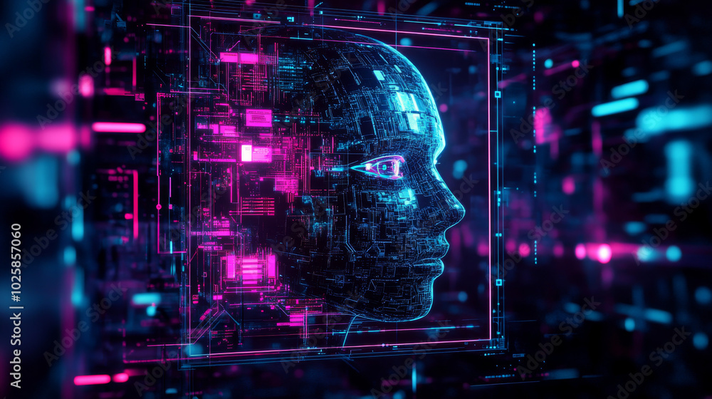 Poster a futuristic, neon-lit background with a square frame showcasing an ai face and 3d shapes. this abst