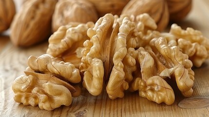 Fototapeta premium Detailed close up view of fresh walnut kernels highlighting their rich texture and color