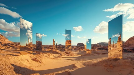 A series of floating mirrors reflecting different parts of a desert landscape, creating a surreal, fragmented reality