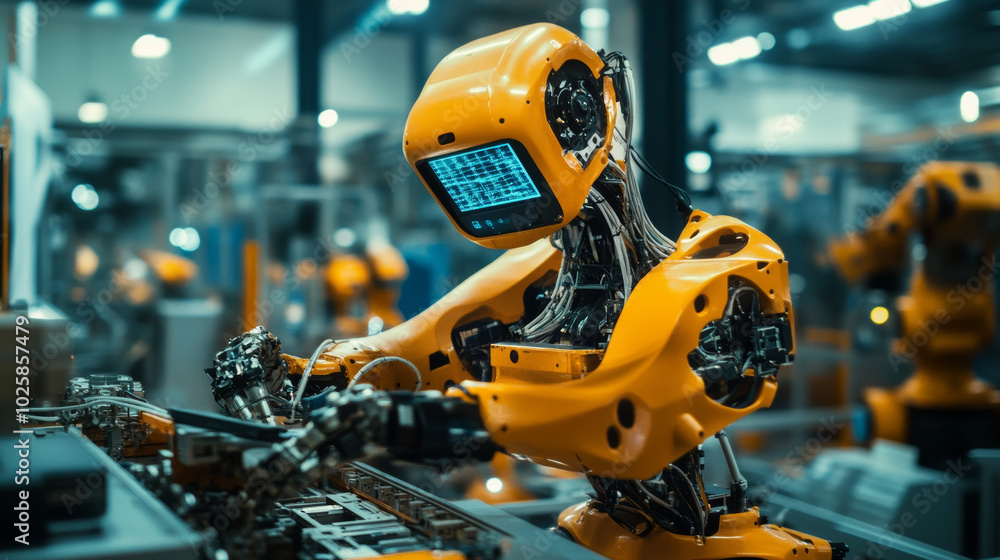 Poster a robot is being built in a factory, showing how machines are taking over tasks in modern manufactur