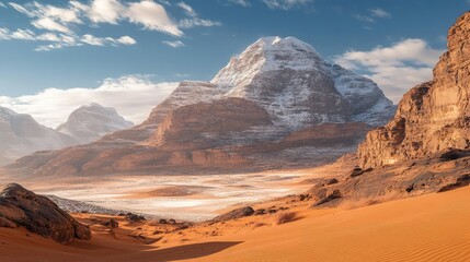 Fototapeta premium A snow-capped mountain in the background of a desert landscape, the white ice contrasting with the warm, sandy tones below