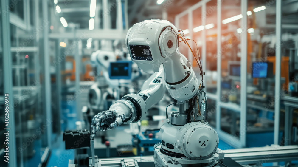 Poster a robot is being built in a factory, showing how machines are taking over tasks in modern manufactur