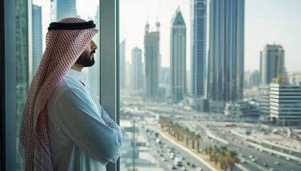 A Saudi man in traditional clothes stands at the window