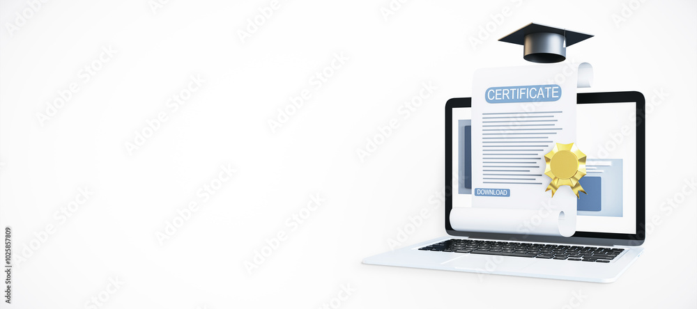 Poster Certificate on laptop screen with graduation cap. 3D Rendering