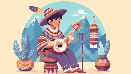 a flat illustration of an Inca man playing the huica silbador musical instrument