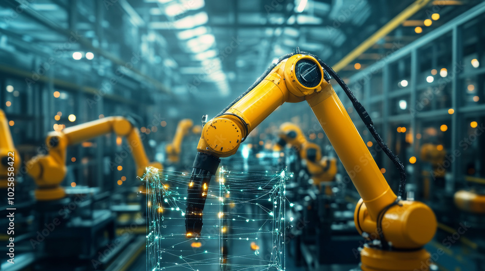 Poster ai and robots are changing how factories work. imagine a robot arm building a complex network in a v