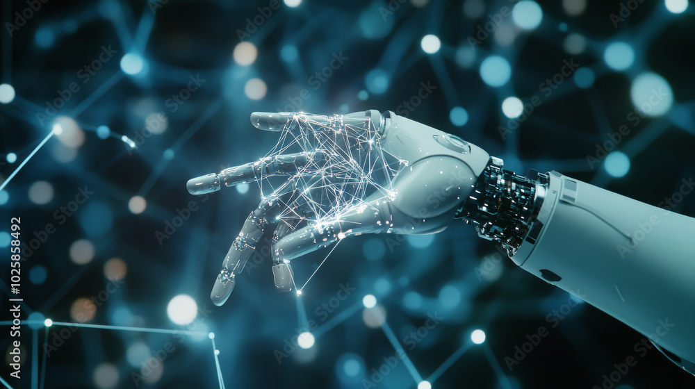 Poster ai and robots are changing how factories work. imagine a robot arm building a complex network in a v