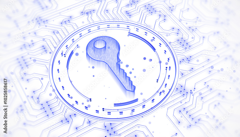 Aufkleber key symbol on circuit background. 3d rendering