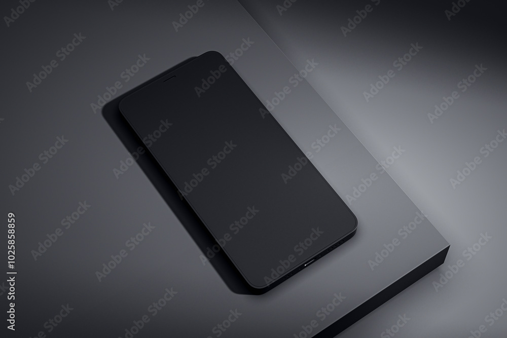 Poster Black smartphone on a gray surface mockup for presentation. 3D Rendering