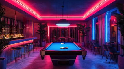 Neon-lit Pool Hall with a Pool Table and Bar Stools
