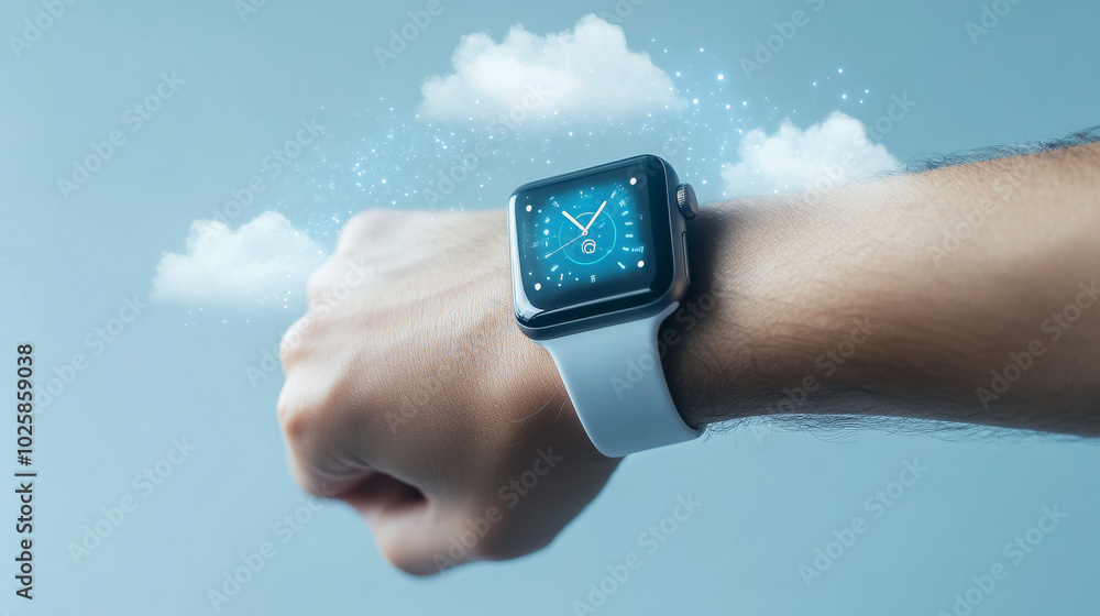 Poster the smartwatch connects to the internet wirelessly to store your data in a cloud.