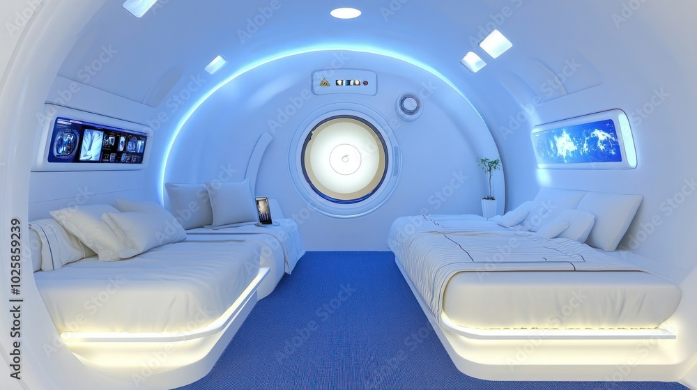 Poster futuristic spacecraft cabin with two beds and a view