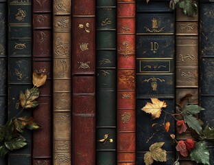 Dark academia aesthetic, neutral dark tones, seamless pattern, deep, muted tones: dark browns, black, charcoal gray, deep maroon, forest green, ochre, and sepia.