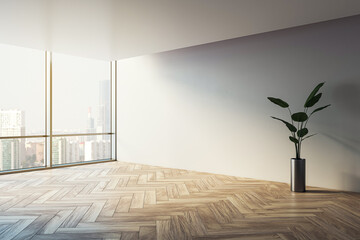 Modern empty office interior with large windows and wooden floor. 3D Rendering