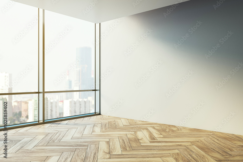 Poster Modern office corner with window and blank wall for creative mockup space. 3D Rendering