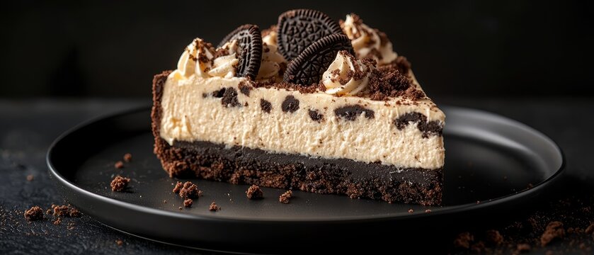  A slice of Oreo cookie cheesecake on a plate, topped with scattered Oreo cookies