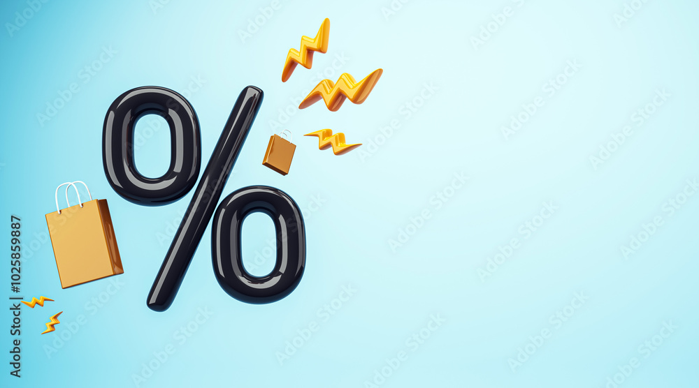 Poster discount percent icon with shopping bag and lightnings on a blue gradient background. 3d rendering