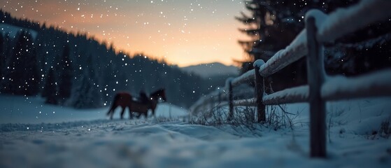  A few horses stand atop a snow-covered field beneath a star-filled night sky, flurries of snowflakes falling softly around them