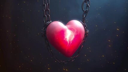 A red heart, symbolizing love and passion, hangs suspended by a thick metal chain. The heart is cracked, almost ethereal light within, suggesting a painful, yet powerful experience.